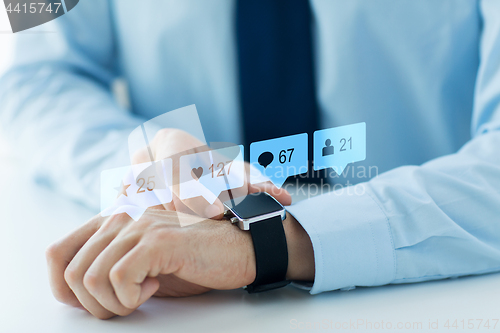 Image of hands with smart watch and social media icons