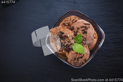 Image of Scoops chocolate ice cream in glass bowl