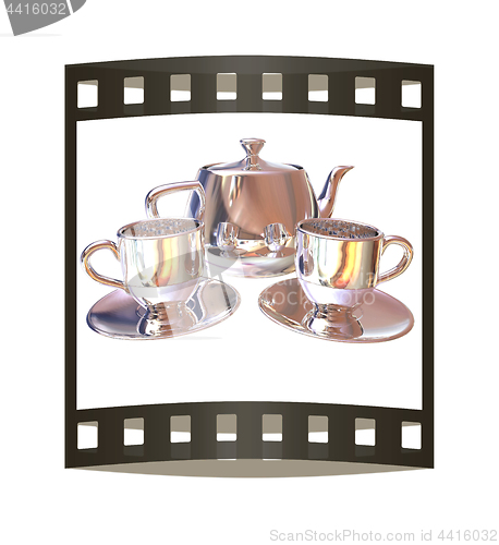 Image of Chrome Teapot and mugs. 3d illustration. The film strip.