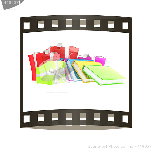 Image of Gifts and books. 3d illustration. The film strip.