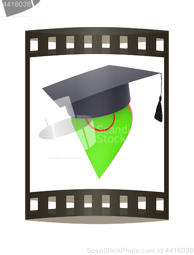 Image of Geo pin with graduation hat on white. School sign, geolocation a