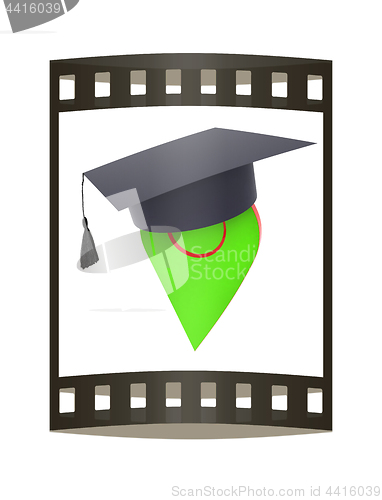 Image of Geo pin with graduation hat on white. School sign, geolocation a