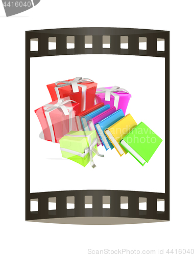 Image of Gifts and books. 3d illustration. The film strip.