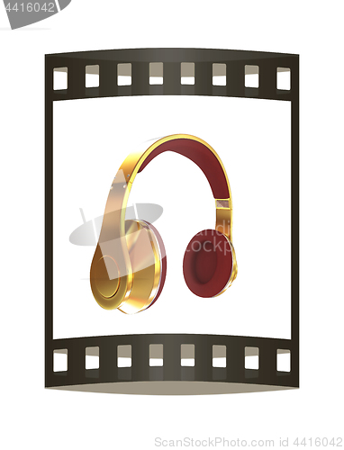 Image of Golden headphones. 3d illustration. The film strip.