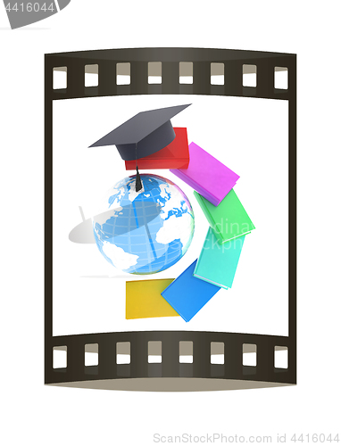 Image of Earth of education with books around and graduation hat. Global 
