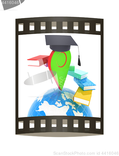 Image of Pointer of education in graduation hat with books around and Ear