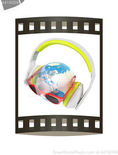 Image of Earth planet with earphones and sunglasses. 3d illustration. The