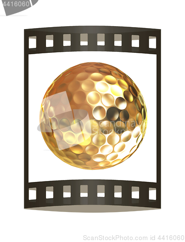 Image of 3d rendering of a golfball in gold. The film strip.