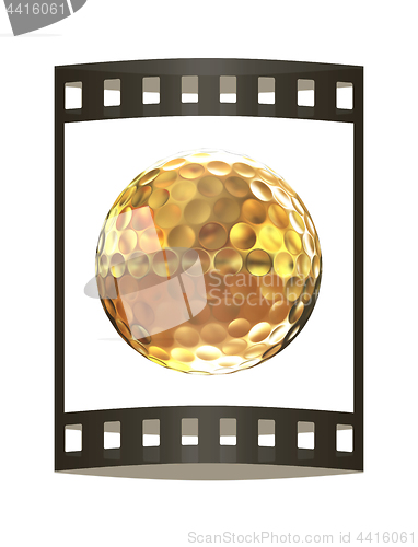 Image of 3d rendering of a golfball in gold. The film strip.