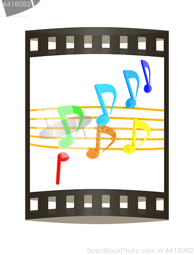 Image of music notes  background. 3D illustration. The film strip.