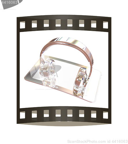 Image of Smartphone with headphones. Chrome icon. 3d illustration. The fi