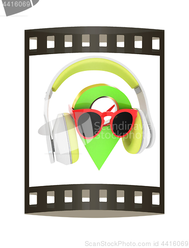 Image of Glamour map pointer in sunglasses and headphones. 3d illustratio