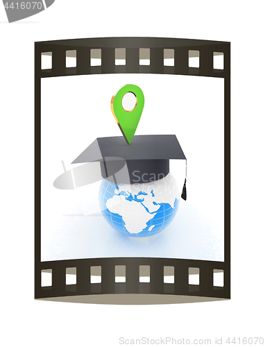 Image of Geo pin with graduation hat on white. School sign, geolocation a