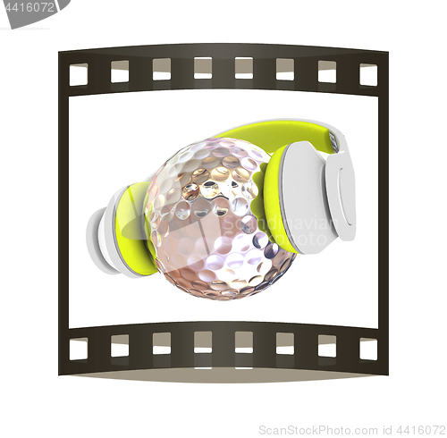 Image of Metal Golf Ball With headphones. 3d illustration. The film strip