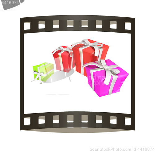 Image of Gift boxes. 3d illustration. The film strip.