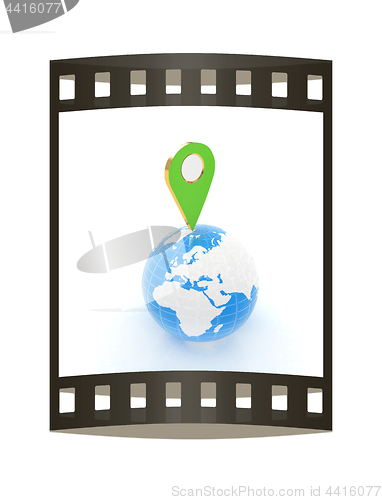 Image of Planet Earth and map pins icon. 3d illustration.. The film strip