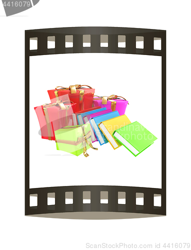 Image of Gifts and books. 3d illustration. The film strip.