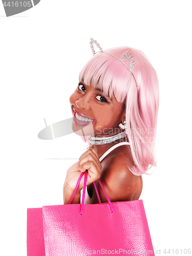 Image of Closeup of woman with shopping bag and bunny ears