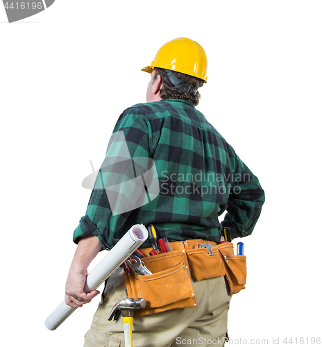 Image of Male Contractor with Hard Hat and Tool Belt Looking Away Isolate