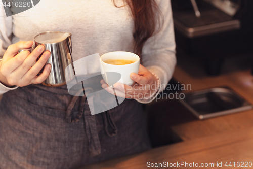 Image of Barista, cafe, making coffee, preparation and service concept