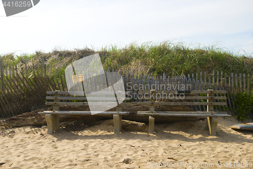 Image of The Bench on Ditch Plains beach Montauk New York with erosion co