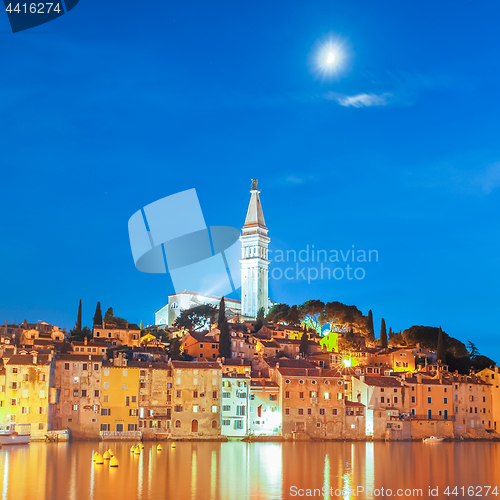 Image of Colorful sunset of Rovinj town, Croatian fishing port on the west coast of the Istrian peninsula.