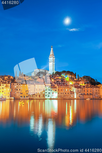 Image of Colorful sunset of Rovinj town, Croatian fishing port on the west coast of the Istrian peninsula.