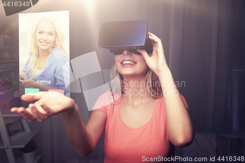 Image of woman in virtual reality headset or 3d glasses