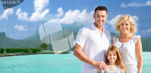 Image of happy family over bora bora background