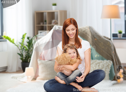 Image of happy mother with adorable girl and teddy bear