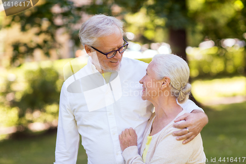 Image of happy senior couple hugging at summer park