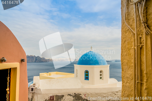 Image of Unique Santorini architecture, church and sea