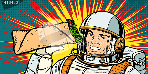 Image of Smiling man astronaut presents Shawarma kebab Doner