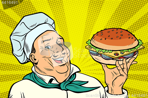 Image of Cook Chef man presentation gesture. hamburger