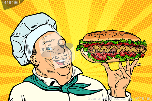 Image of Cook Chef man presentation gesture. hot dog sausage with salad