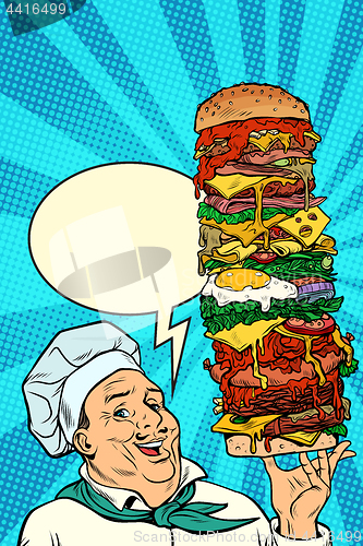 Image of Cook Chef man presentation gesture. big mega Burger
