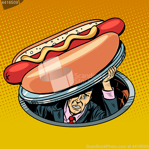 Image of hot dog. man under fast food