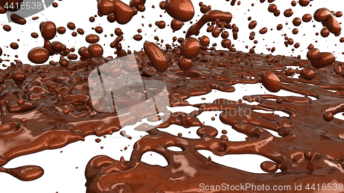 Image of Melting chocolate or cocoa coffee splashes and droplets