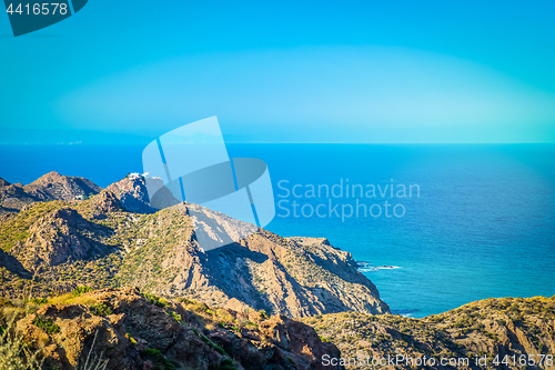 Image of Mountain and blue sea, beautiful view. Almeria, Andalusia