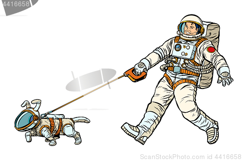 Image of astronauts man and dog isolated on white background