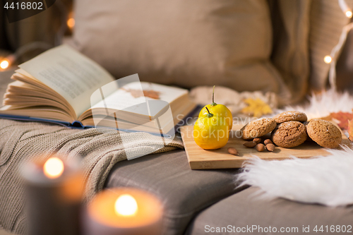 Image of lemons, book, almond and oatmeal cookies on sofa