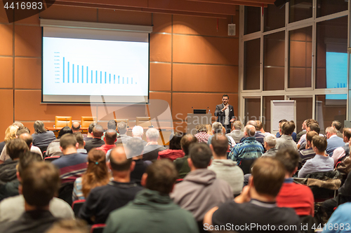 Image of Business speaker giving a talk at business conference event.