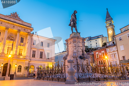 Image of Tartini Square in old tourist costal Mediterranean town of Piran, Slovenia.