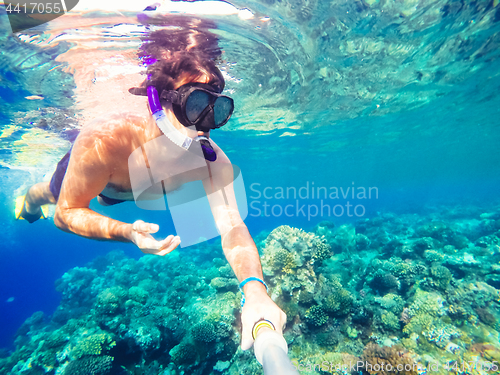 Image of Snorkel swims in shallow water, Red Sea, Egypt