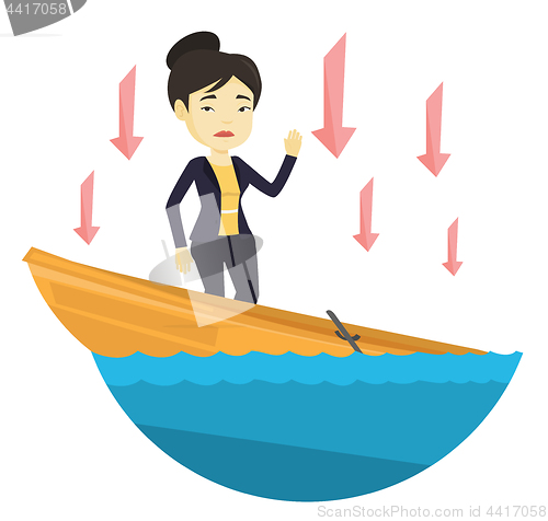 Image of Business woman standing in sinking boat.