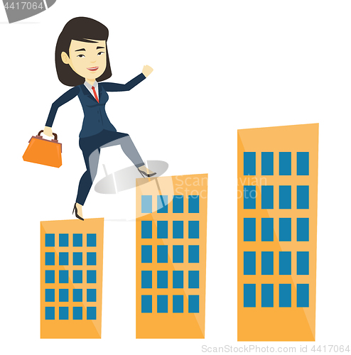 Image of Business woman walking on the roofs of buildings.