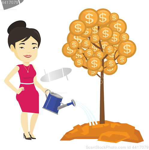 Image of Woman watering money tree vector illustration.