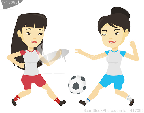 Image of Two female soccer players fighting for ball.