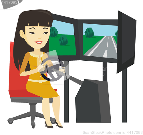 Image of Woman playing video game with gaming wheel.