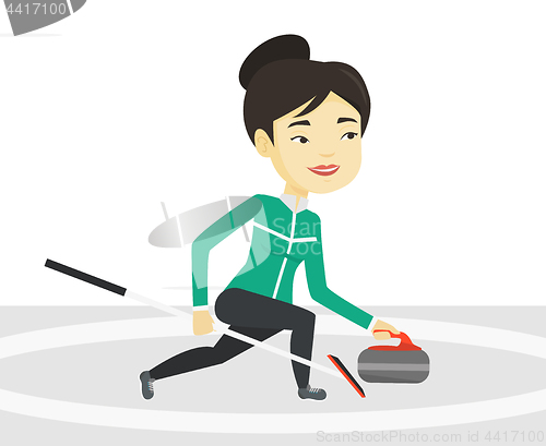 Image of Curling player playing curling on curling rink.
